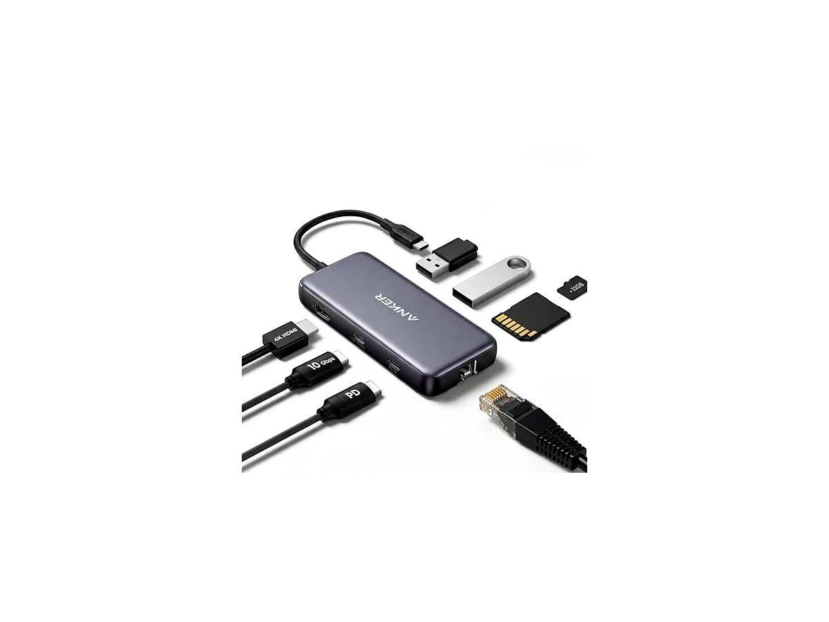 Anker Hub USB-C 555 (8 em 1), com Entrega de Energia de 100W, Porta HDMI 4K 60Hz, Portas de Dados USB-C e 2 USB-A de 10Gbps, Ethernet, Leitor de Cartão microSD/SD, para MacBook Pro,Dell XPS e mais