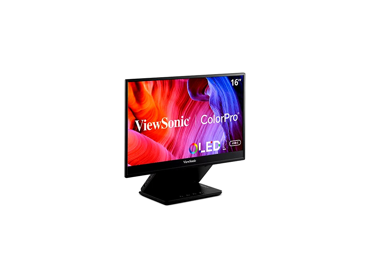 ViewSonic Monitor OLED portátil VP16-OLED 15,6 polegadas 1080p com alimentação bidirecional 40W USB C, validado pela Pantone, calibrado de fábrica, suporte ergonômico integrado com capa protetora