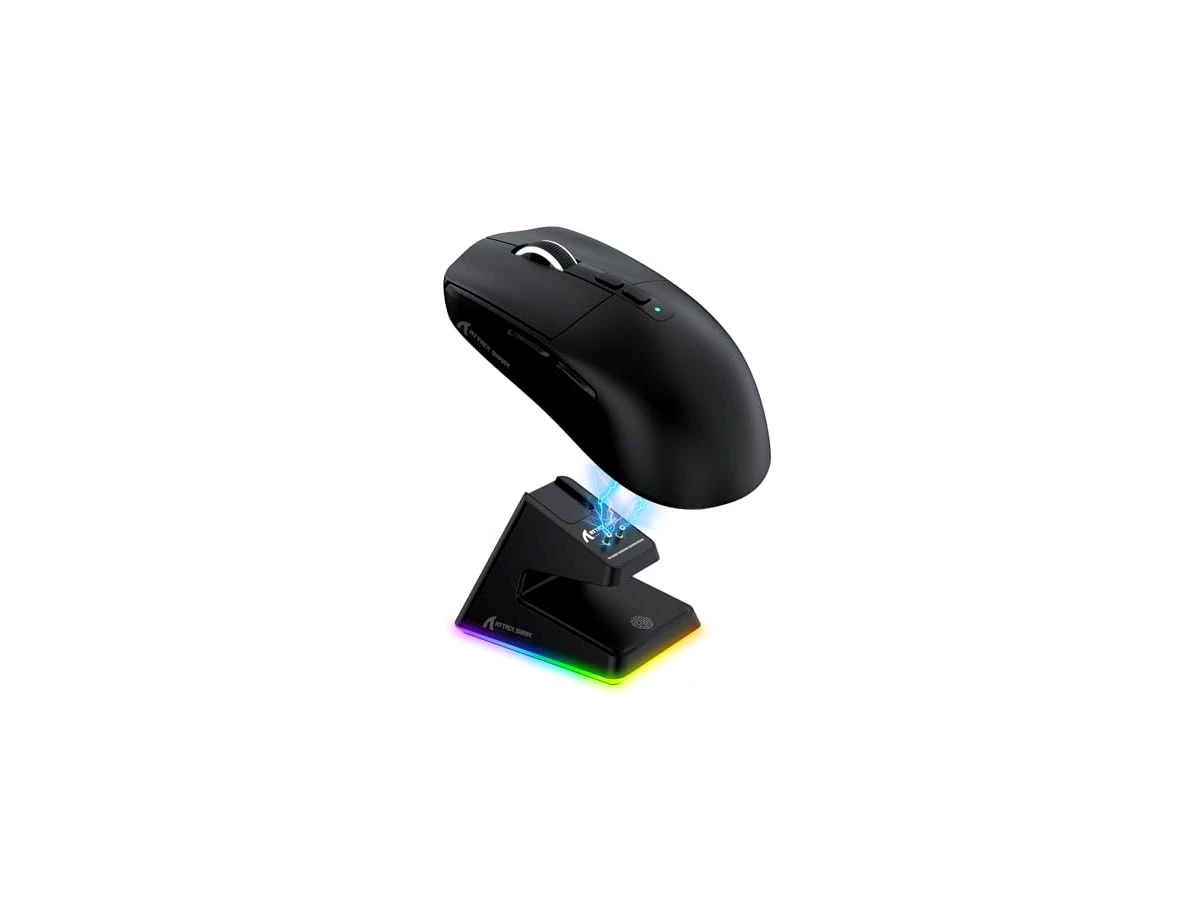ATTACK SHARK X6 Mouse Sem Fio Leve para Gaming com Base de Carregamento RGB, Triplo Modo (Cabo/2.4GHz/BT5.2), 26K DPI, Sensor Óptico PAW3395, Switch HUANO, 5 Botões Programáveis, PC/Mac-Preto
