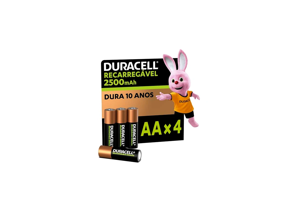 Duracell Pilha Recarregável AA 2500mAh Pequena Com 4 Unidades – Ideal para Controle Xbox™, Câmeras Digitais e Brinquedos de Alto Consumo
