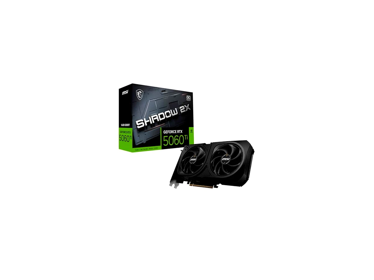 MSI Placa gráfica GeForce RTX 5060 Ti 16G SHADOW 2X OC PLUS - GPU RTX 5060 Ti, 16GB GDDR7 (28Gbps/128-bit), PCIe 5.0 - Design térmico de ventilador duplo (2 x ventoinhas STORMFORCE) - HDMI 2.1b