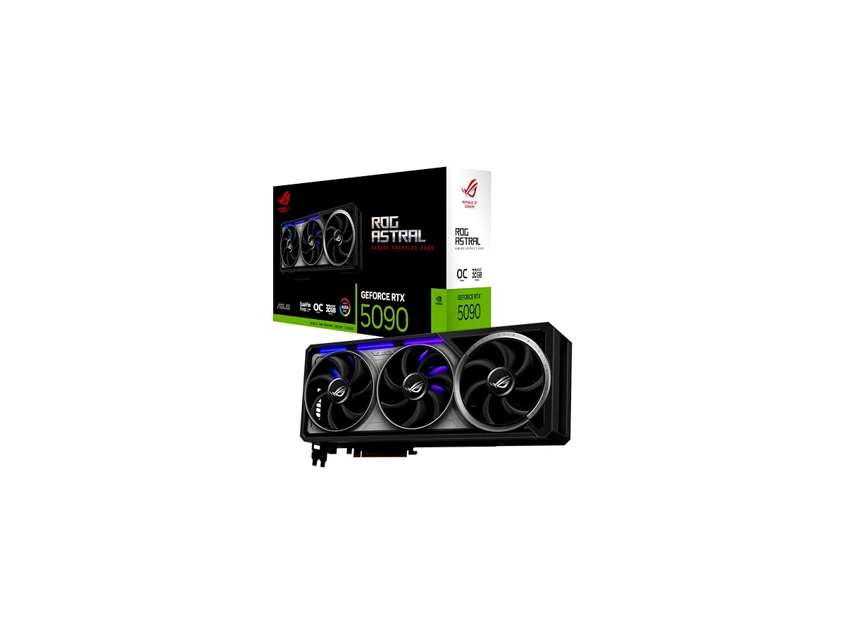 ASUS Placa gráfica ROG Astral GeForce RTX™ 5090 OC Edition para jogos (PCIe® 5.0, 32GB GDDR7, HDMI®/DP 2.1, 3.8 compartimentos, design de 4 ventiladores, ventiladores de tecnologia axial, câmara de