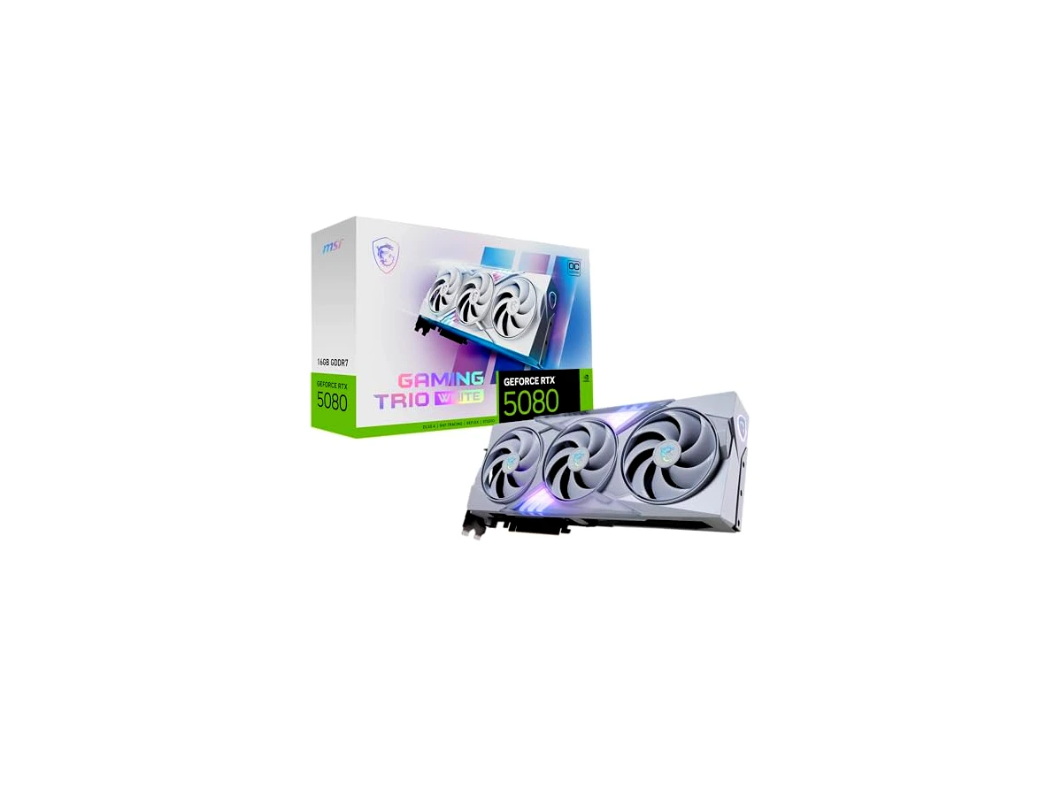 MSI Placa gráfica Gaming RTX 5080 16G Gaming Trio OC branca (16GB GDDR7, 256-bit, Extreme Clock TBD MHz, DisplayPort x 3 2.1a, HDMI 2.1b, NVIDIA Blackwell Architecture)