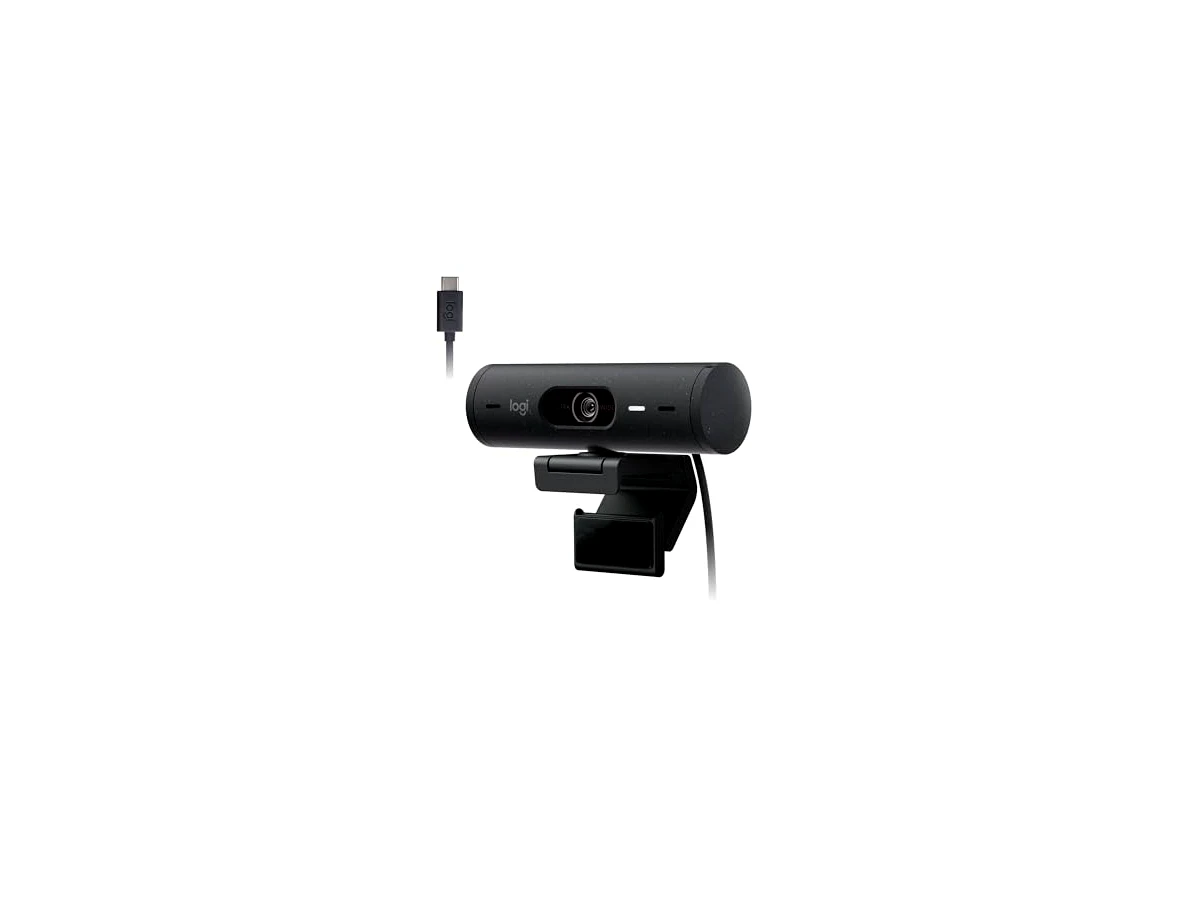 Webcam Full HD Logitech Brio 500 com Microfones Duplos com Redução de Ruídos, Proteção de Privacidade, Correção de Luz e Enquadramento Automático - Grafite